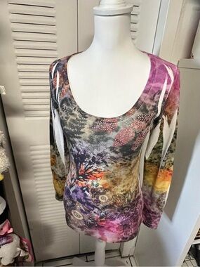 Cache Multi-Color Scoop Neck Long Sleeve Top